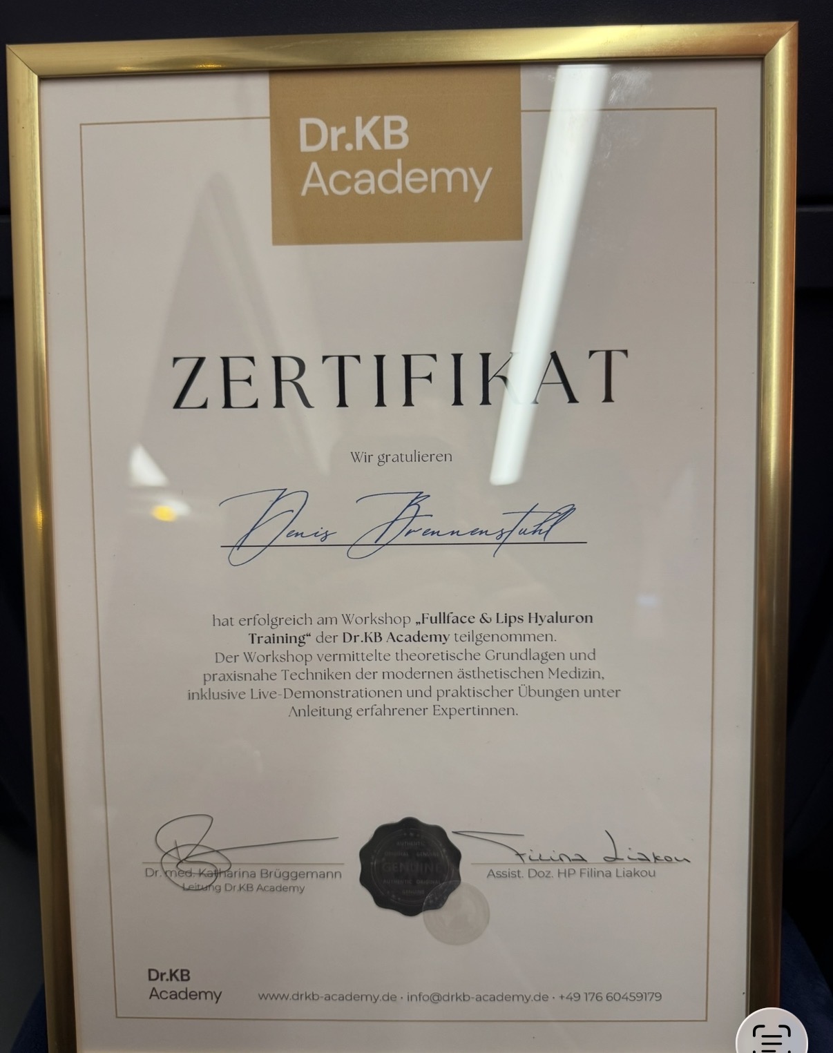 Originalzertifikat Dr.KB Academy, Fullface und Lips Hyaluron Training, Denis Brennenstuhl